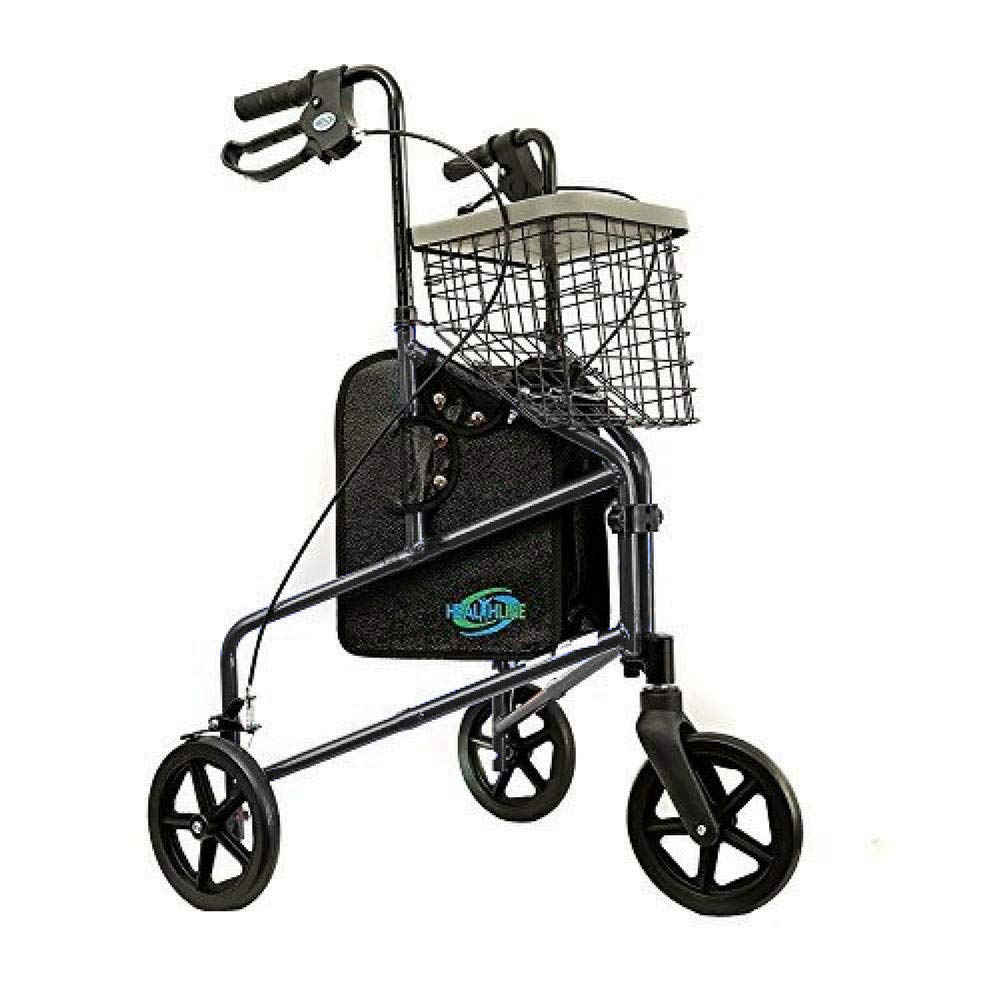 Aluminum Rollator Walker 3 Wheels - Foldable, Lightweight, Senior Walker with Basket Tray, Pouch, Brakes, Narrow for Small Spaces (BLACK)