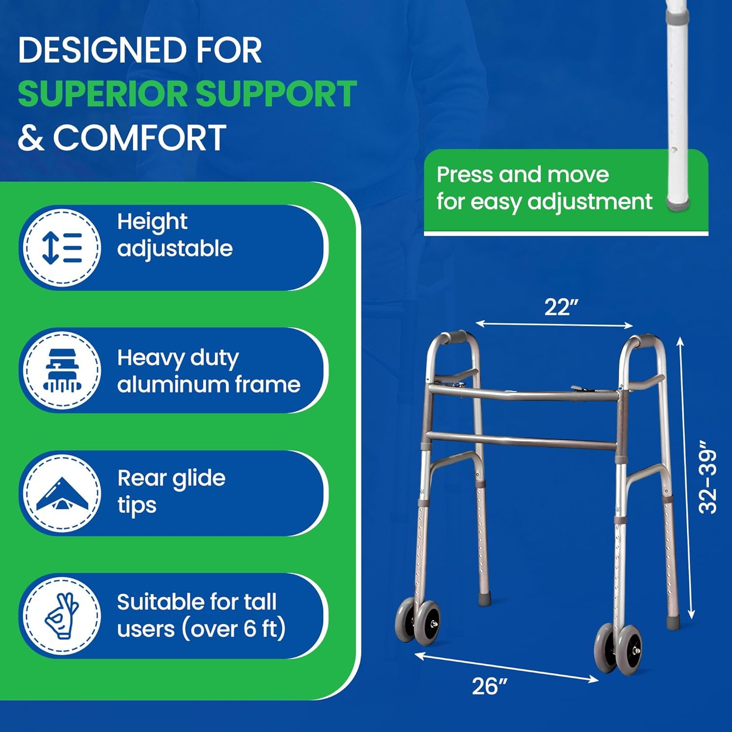 Bariatric Heavy-Duty Folding Walker with Wheels for Seniors, Adults, Extra Wide Front Wheel Walker (2 5-Inch Wheels), and Free 2 Pairs of Rear Glides Heavy Duty Sizes. Sized for Adults up to 450 lbs - Image 2