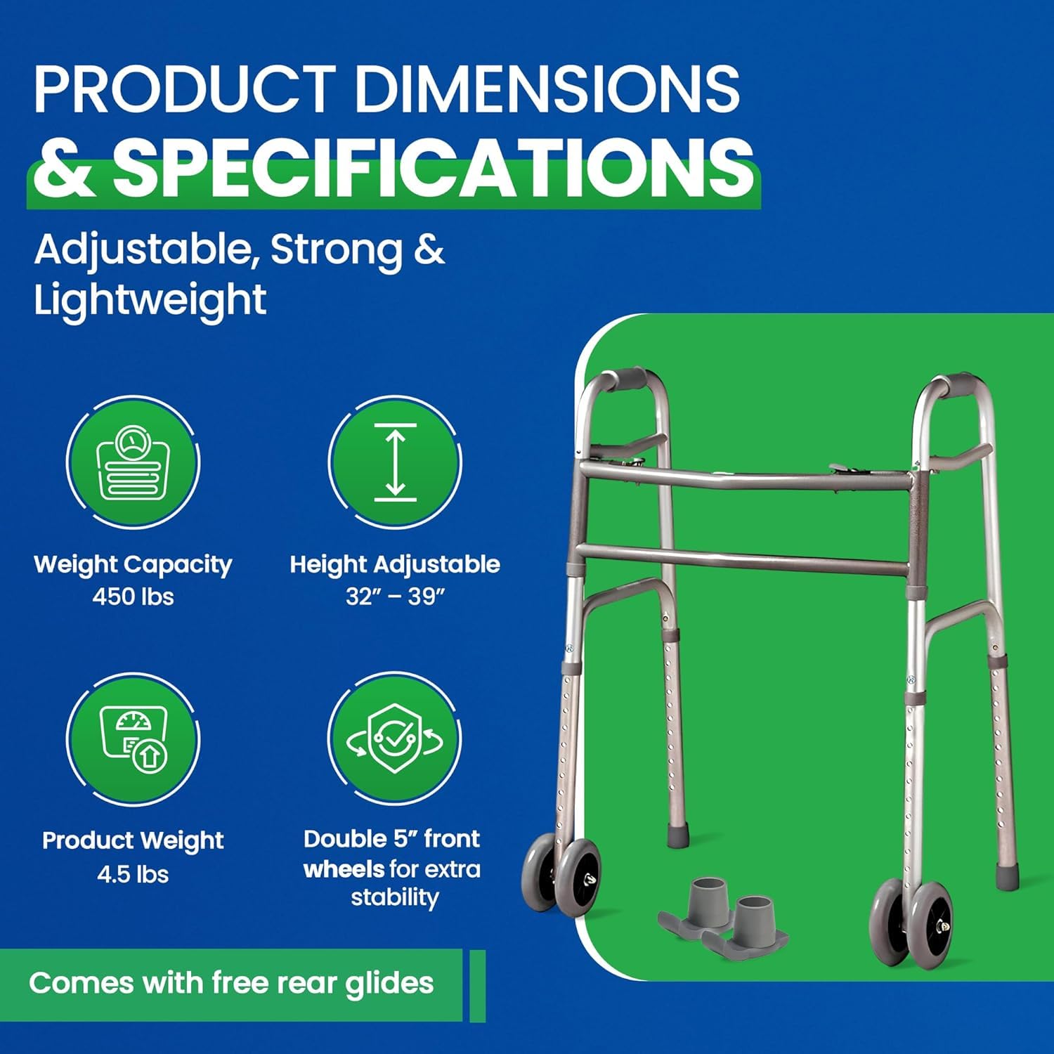 Bariatric Heavy-Duty Folding Walker with Wheels for Seniors, Adults, Extra Wide Front Wheel Walker (2 5-Inch Wheels), and Free 2 Pairs of Rear Glides Heavy Duty Sizes. Sized for Adults up to 450 lbs - Image 3
