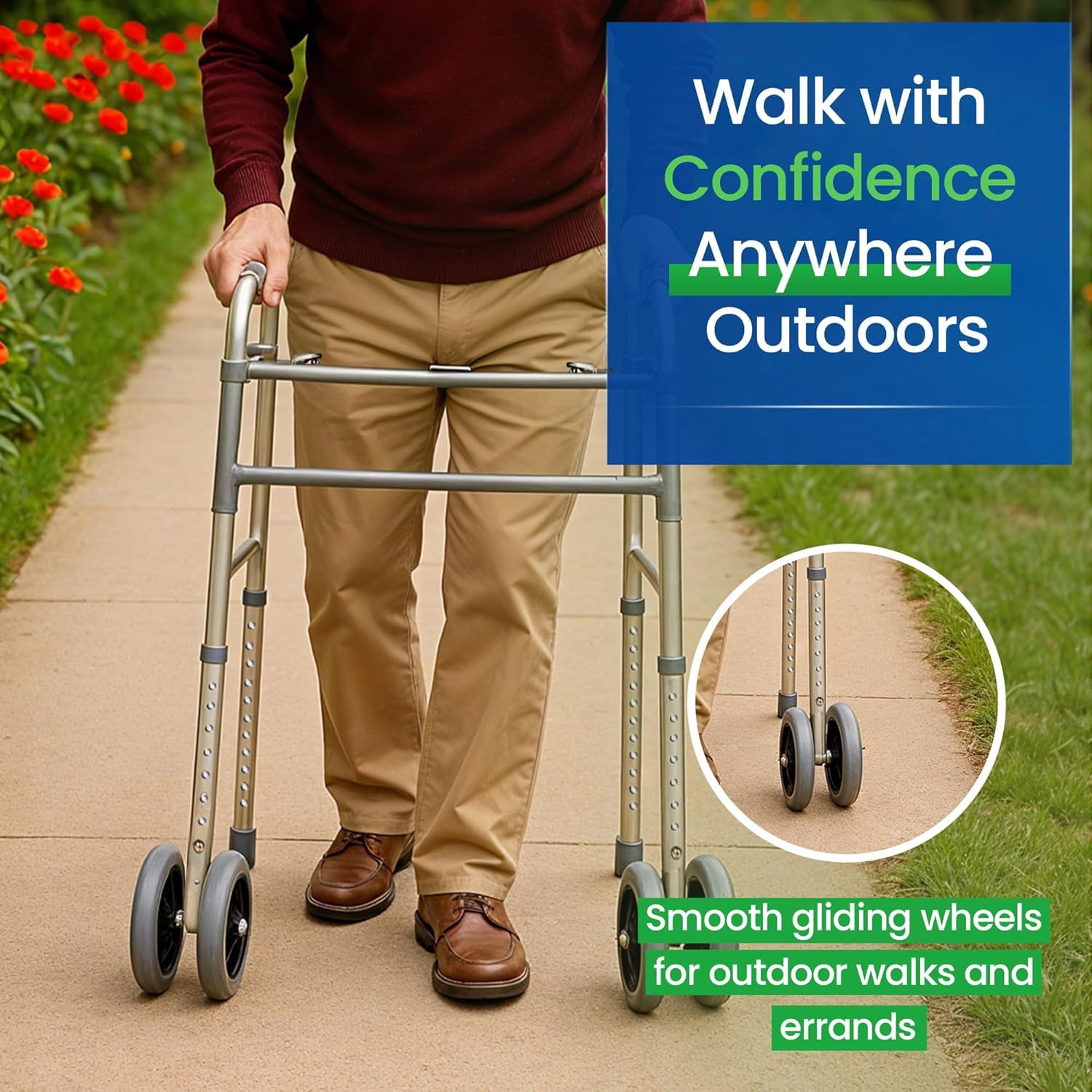 Bariatric Heavy-Duty Folding Walker with Wheels for Seniors, Adults, Extra Wide Front Wheel Walker (2 5-Inch Wheels), and Free 2 Pairs of Rear Glides Heavy Duty Sizes. Sized for Adults up to 450 lbs - Image 4