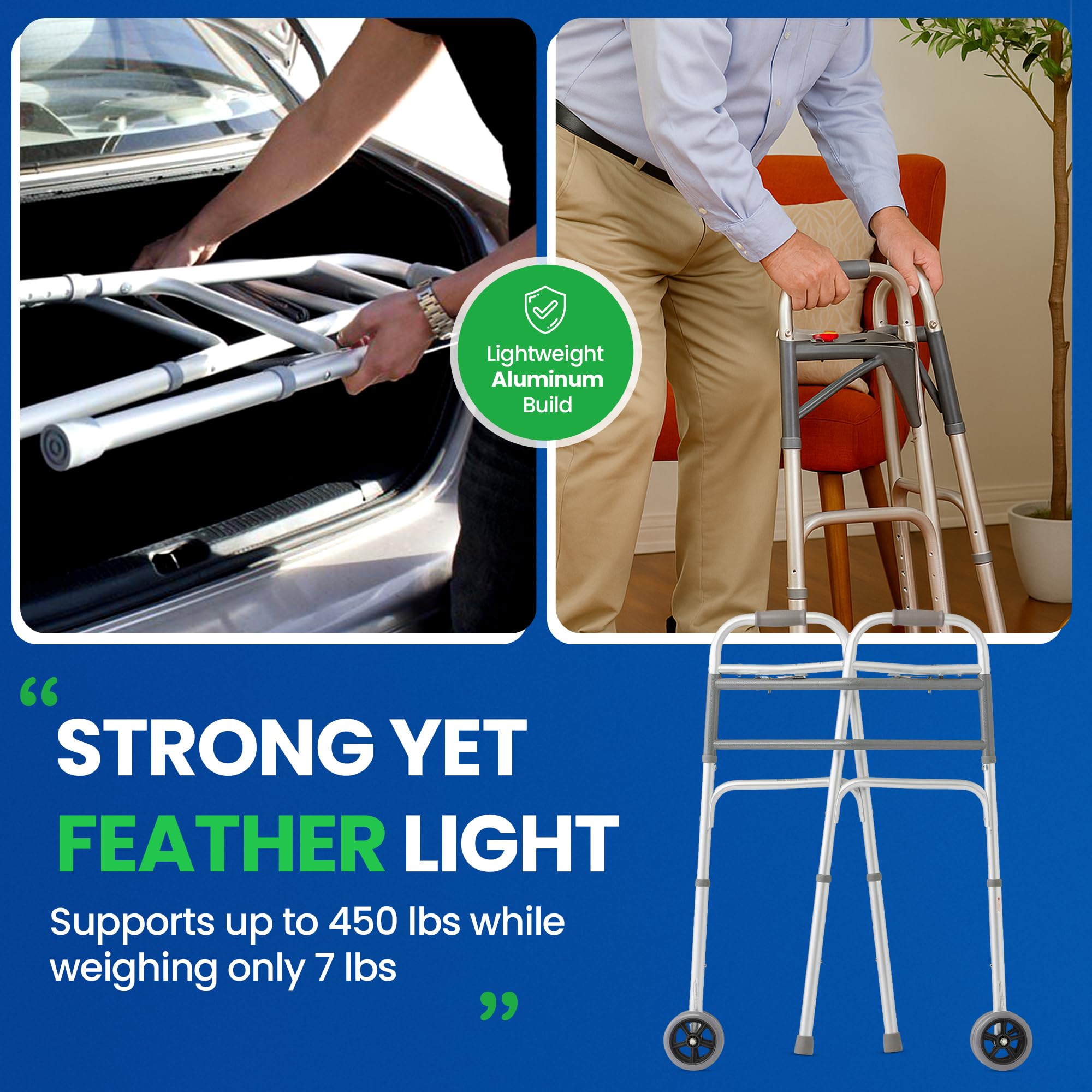 Bariatric Heavy-Duty Folding Walker with Wheels for Seniors, Adults, Extra Wide Front Wheel Walker (2 5-Inch Wheels), and Free 2 Pairs of Rear Glides Heavy Duty Sizes. Sized for Adults up to 450 lbs - Image 6