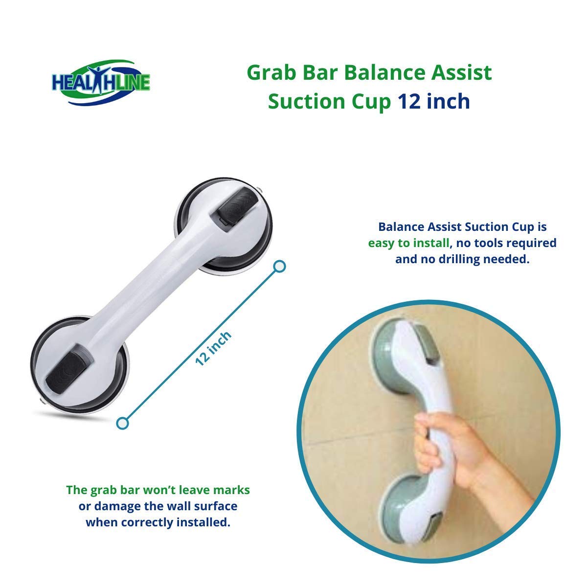 Grab Bar 12" Balance Assist Bar - Suction Shower Bath Handle (Set of 2) - Image 3