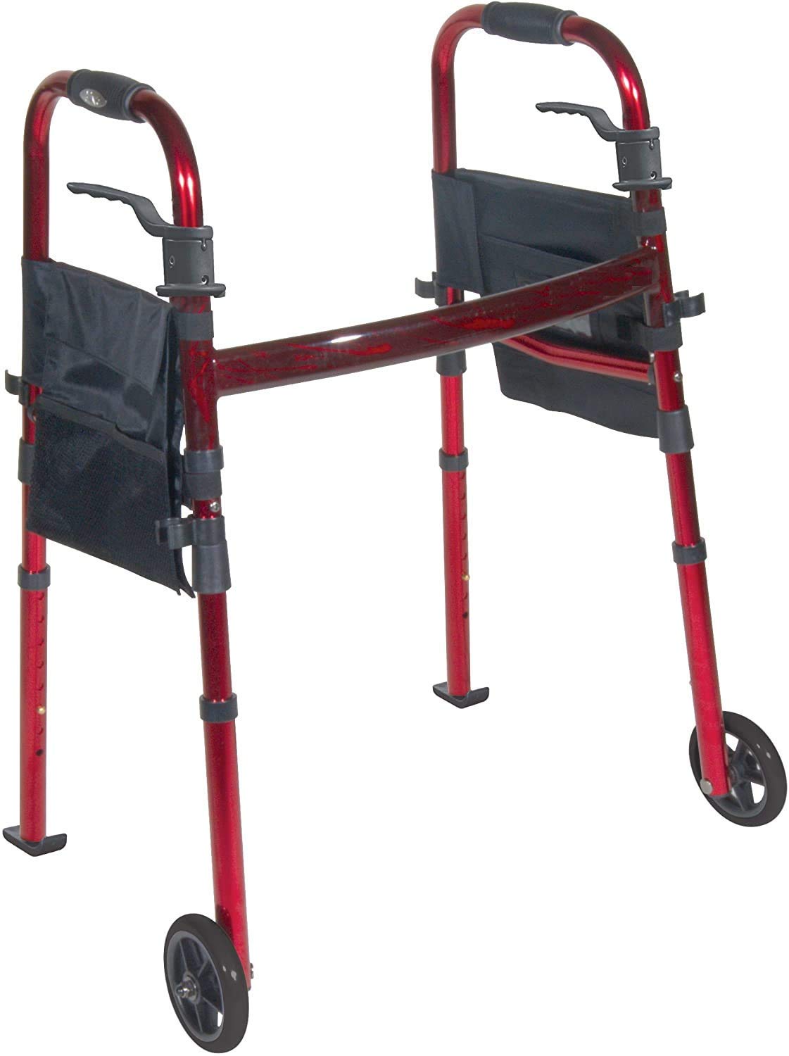 HEALTHLINE 2 Wheel Walker for Seniors & Adults - Deluxe Lightweight Foldable Walker with Wheels 5" and Legs Fold Up Plus Extra Pouches (Red)
