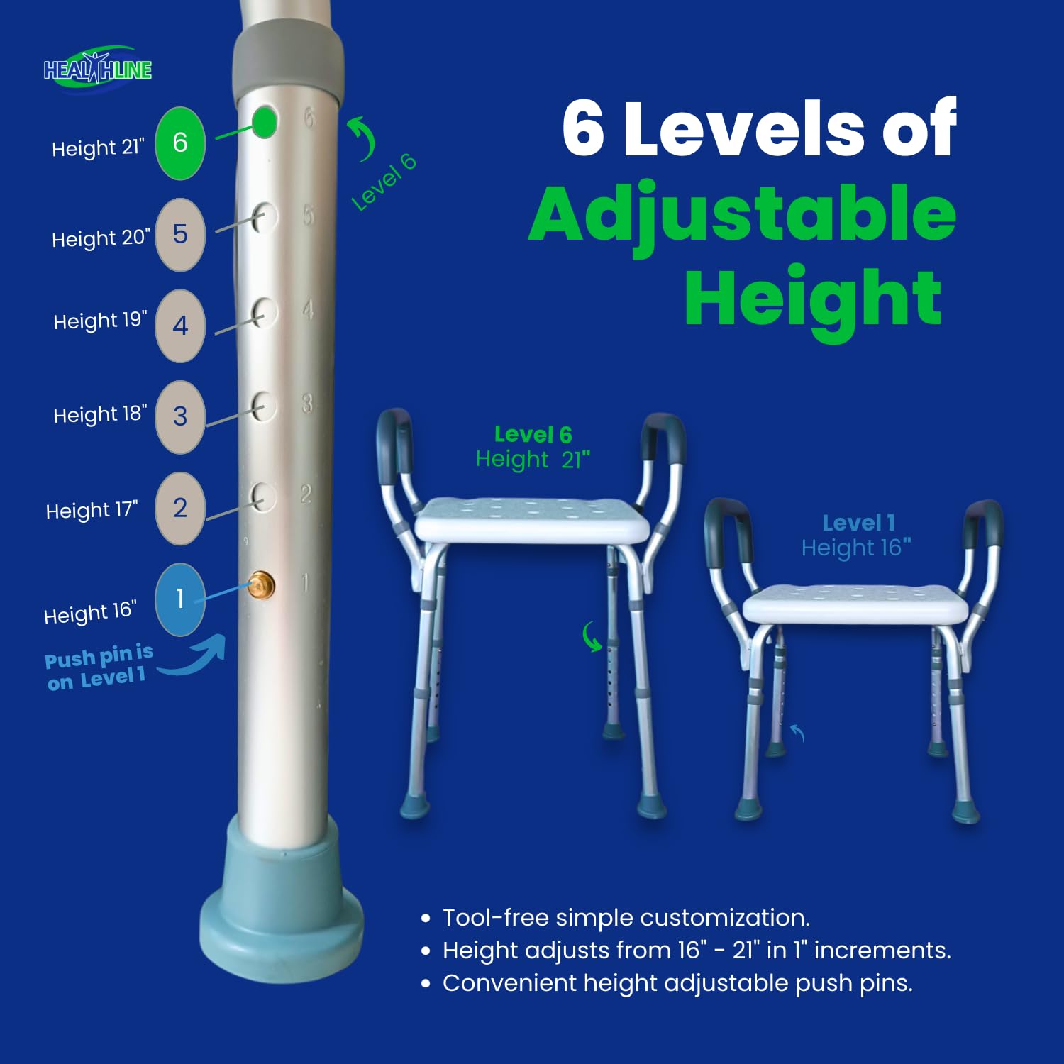 HEALTHLINE Adjustable Shower Bench with Arms – Lightweight Bath Seat with Padded Handles, Height 15"–20", White Plastic Seat with Drainage Holes, for Balance Assistance in Shower/Tub, 300 lb Capacity - Image 6
