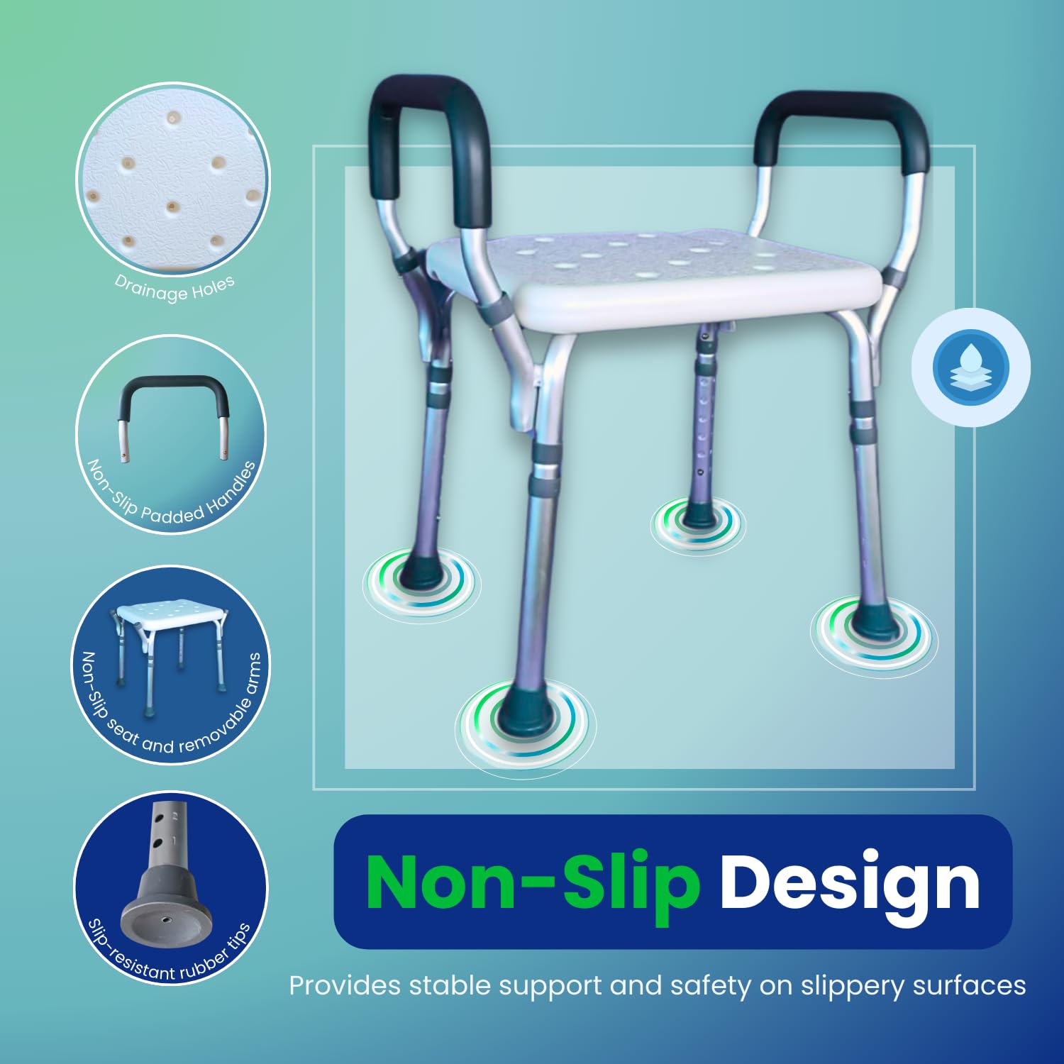 HEALTHLINE Adjustable Shower Bench with Arms – Lightweight Bath Seat with Padded Handles, Height 15"–20", White Plastic Seat with Drainage Holes, for Balance Assistance in Shower/Tub, 300 lb Capacity - Image 7