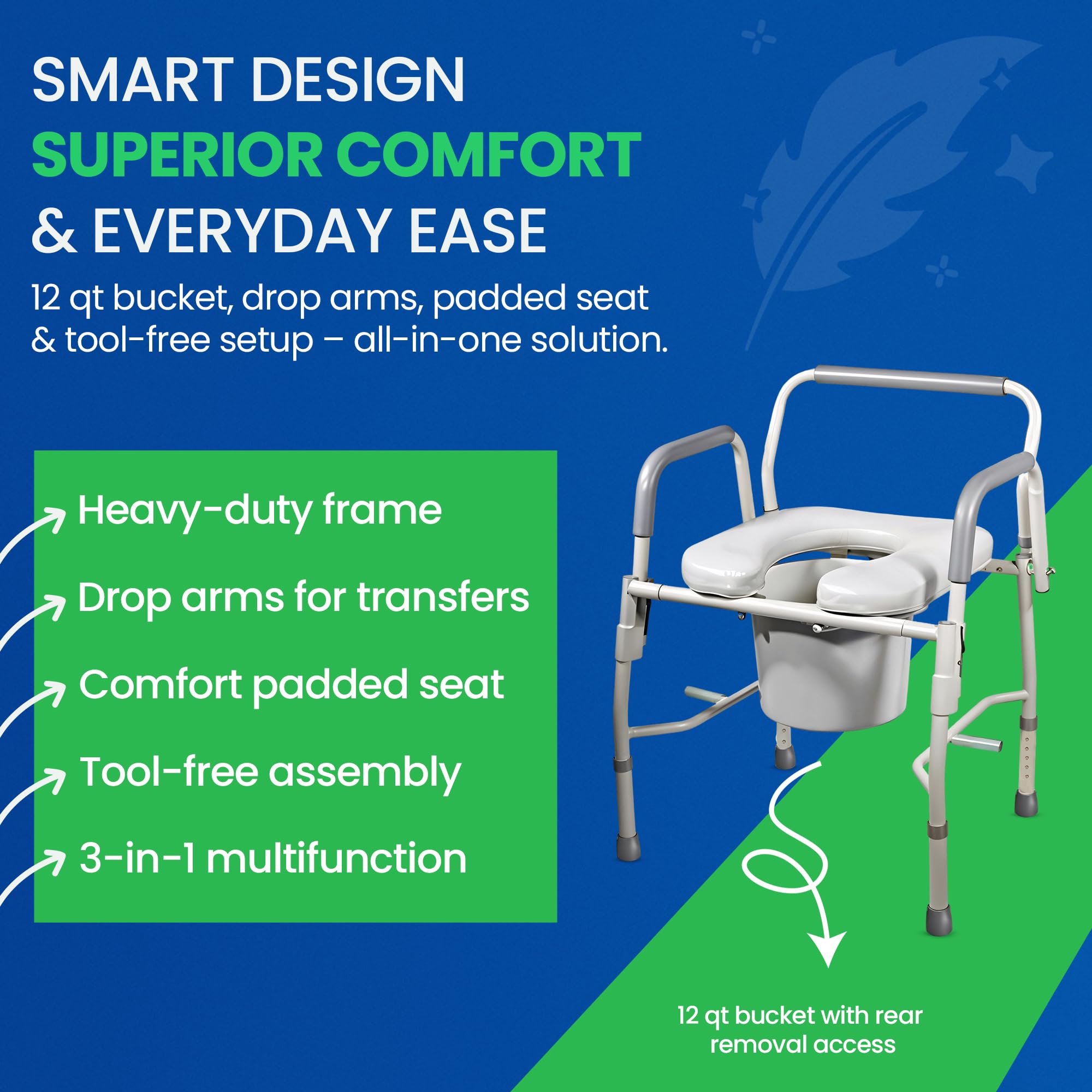 HEALTHLINE Commode Chair for Toilet Safety Frame 300 Lbs - Drop Arm Bedside Commode for Seniors - Wide Commode Toilet Chair for Adults - Image 7