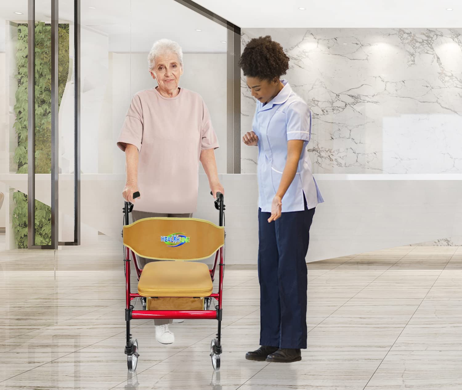 HEALTHLINE Heavy Duty Rollator Walker with Seat - Extra Wide Alluminium Folding Rolling Walkers 450LB with Wide Basket & Padded Seat - 4 Wheel Walker for Adults (Red) - Image 3