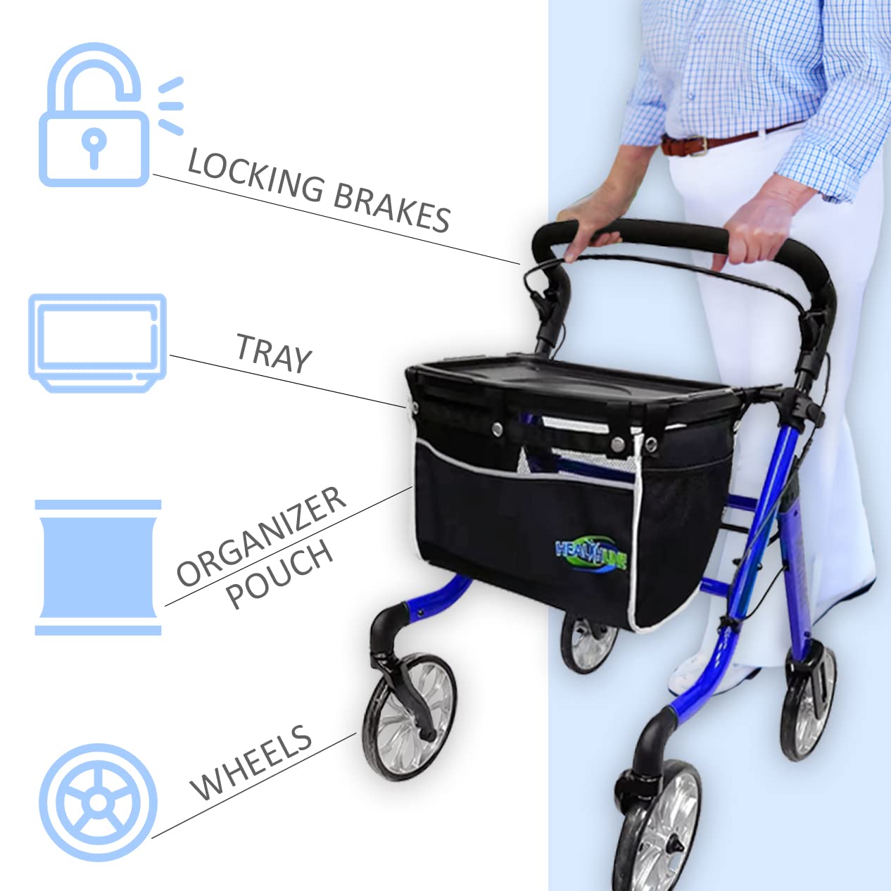 HEALTHLINE Rollator Walker Euro Style - Lightweight 4 Wheel Eldery Walker - Rollator Walkers for Seniors with Basket & Tray - Narrow Doors Indoor Rollator Blue Color - Image 5