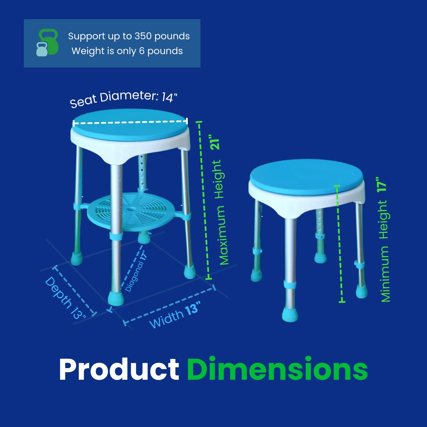 Healthline Round Bath Stool Shower Chair, Compact Shower Stool and Bench 350 Lbs - Small Bathtub Stool Chair for Shower, Non-Slip Seat, 360 Degree Rotating Padded Seat, Adjustable Height - Image 3
