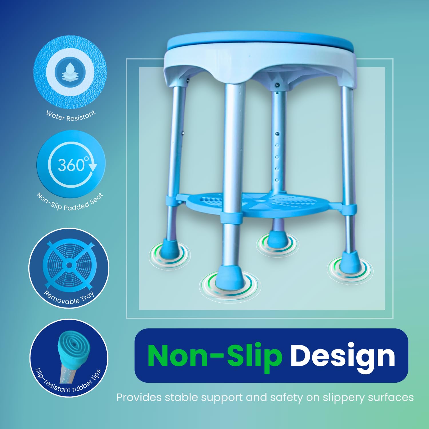 Healthline Round Bath Stool Shower Chair, Compact Shower Stool and Bench 350 Lbs - Small Bathtub Stool Chair for Shower, Non-Slip Seat, 360 Degree Rotating Padded Seat, Adjustable Height - Image 4