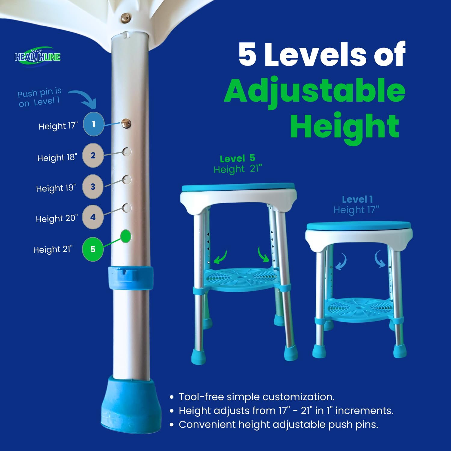 Healthline Round Bath Stool Shower Chair, Compact Shower Stool and Bench 350 Lbs - Small Bathtub Stool Chair for Shower, Non-Slip Seat, 360 Degree Rotating Padded Seat, Adjustable Height - Image 6