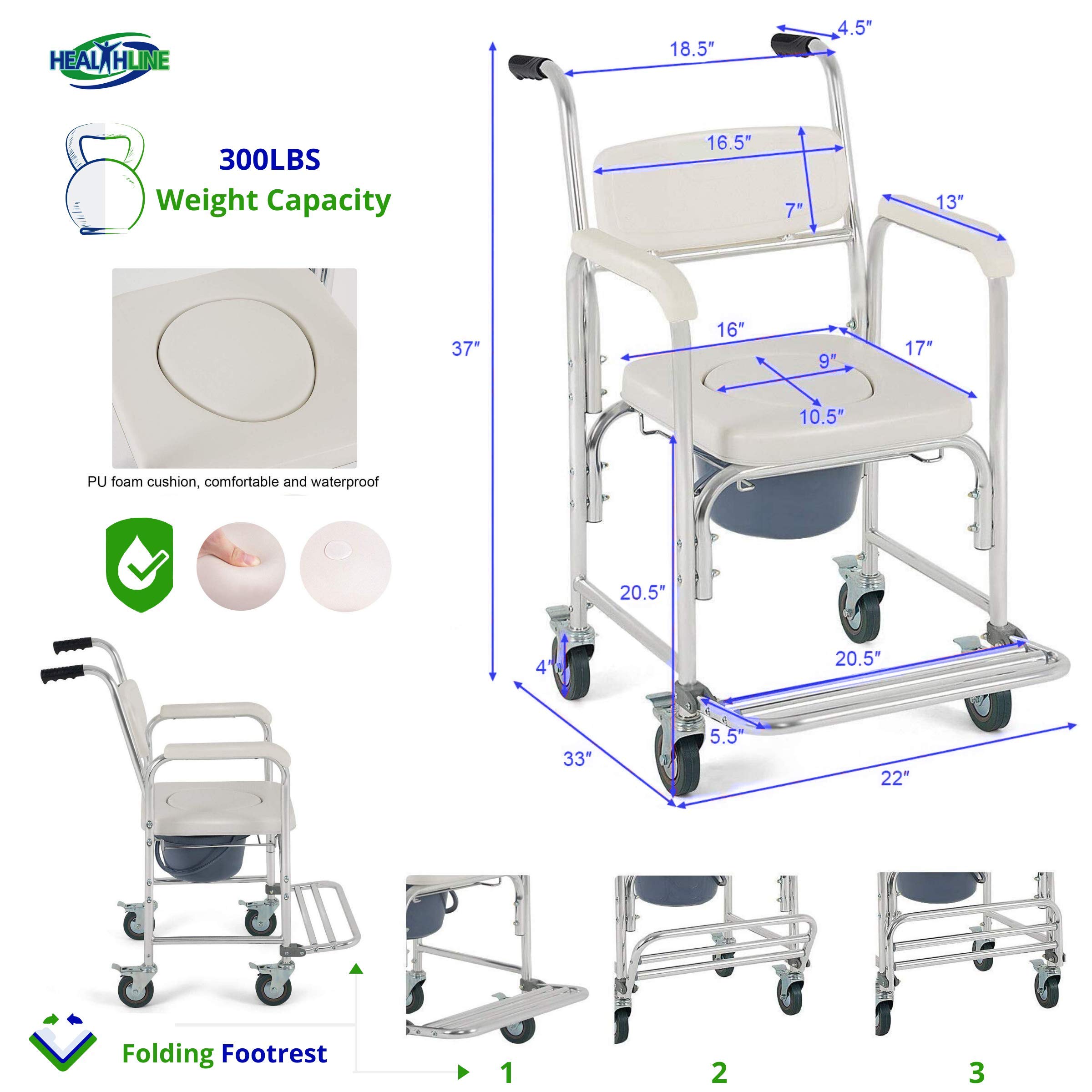 HEALTHLINE Shower Bedside Commode Chair Padded Seat With Wheels by Healthline, Medical Commode Toilet Rolling Shower Chair With Casters (4 Wheels Brakes), Commode Padded Backrest and Seat - Image 2