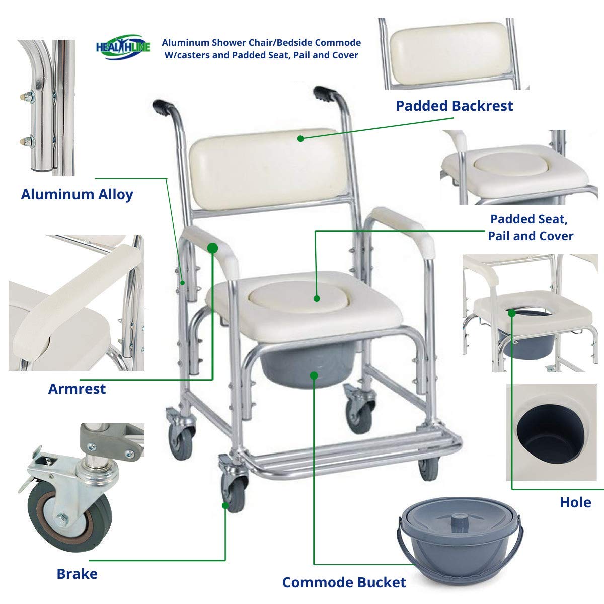 HEALTHLINE Shower Bedside Commode Chair Padded Seat With Wheels by Healthline, Medical Commode Toilet Rolling Shower Chair With Casters (4 Wheels Brakes), Commode Padded Backrest and Seat - Image 6