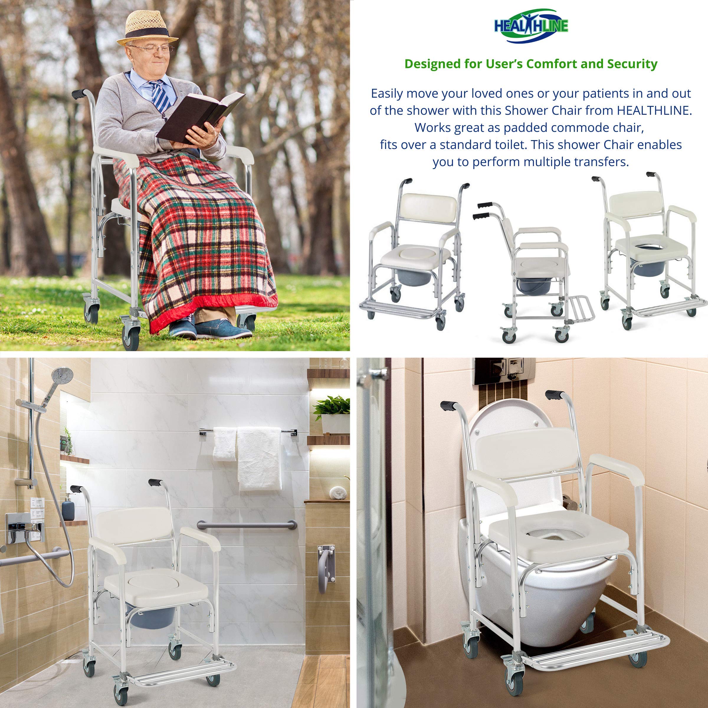 HEALTHLINE Shower Bedside Commode Chair Padded Seat With Wheels by Healthline, Medical Commode Toilet Rolling Shower Chair With Casters (4 Wheels Brakes), Commode Padded Backrest and Seat - Image 7