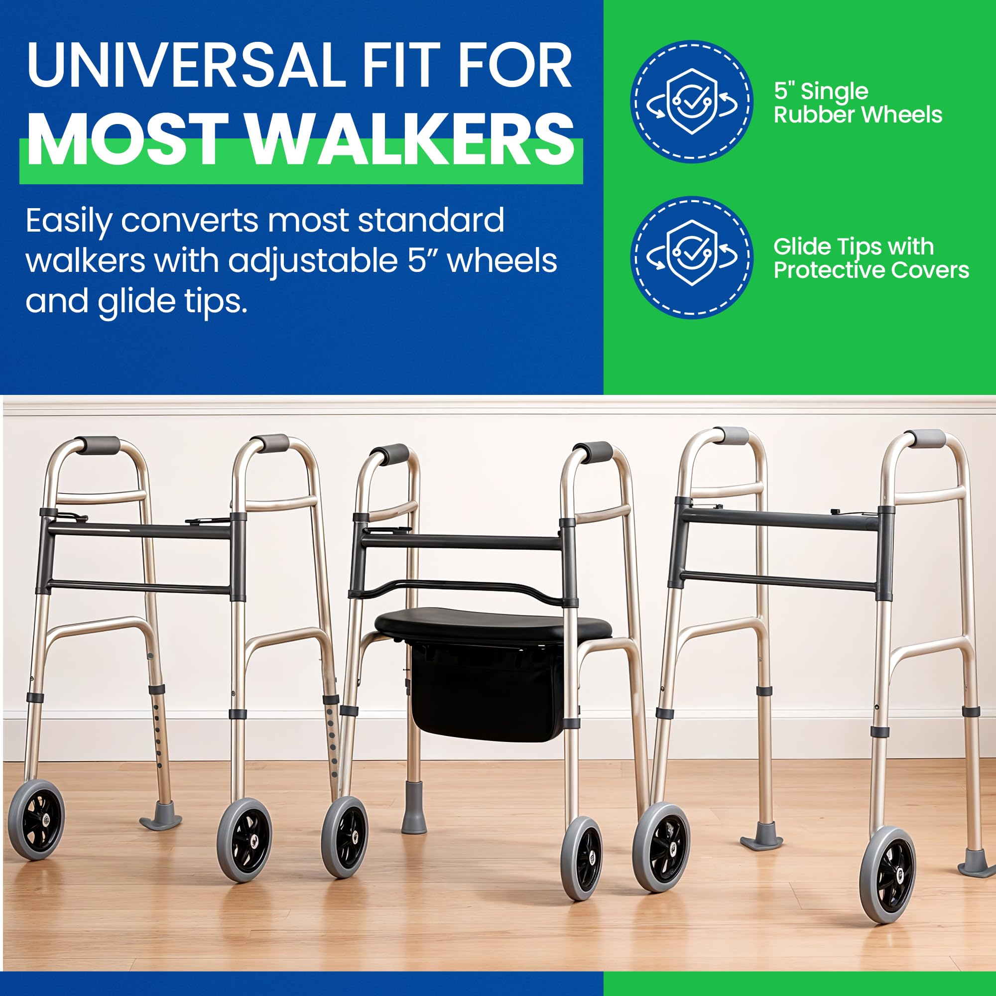 Healthline Walker 5” Wheels with Rear Glides – Universal Replacement Kit for Standard 1” Walkers – Includes 2 Fixed Front Wheels + 2 Ski-Style Glides – Smooth Indoor/Outdoor Rolling, Adjustable Height - Image 3