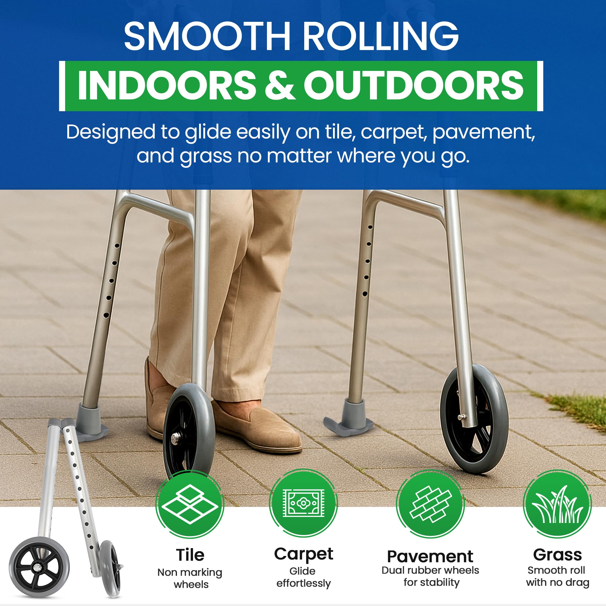 Healthline Walker 5” Wheels with Rear Glides – Universal Replacement Kit for Standard 1” Walkers – Includes 2 Fixed Front Wheels + 2 Ski-Style Glides – Smooth Indoor/Outdoor Rolling, Adjustable Height - Image 5