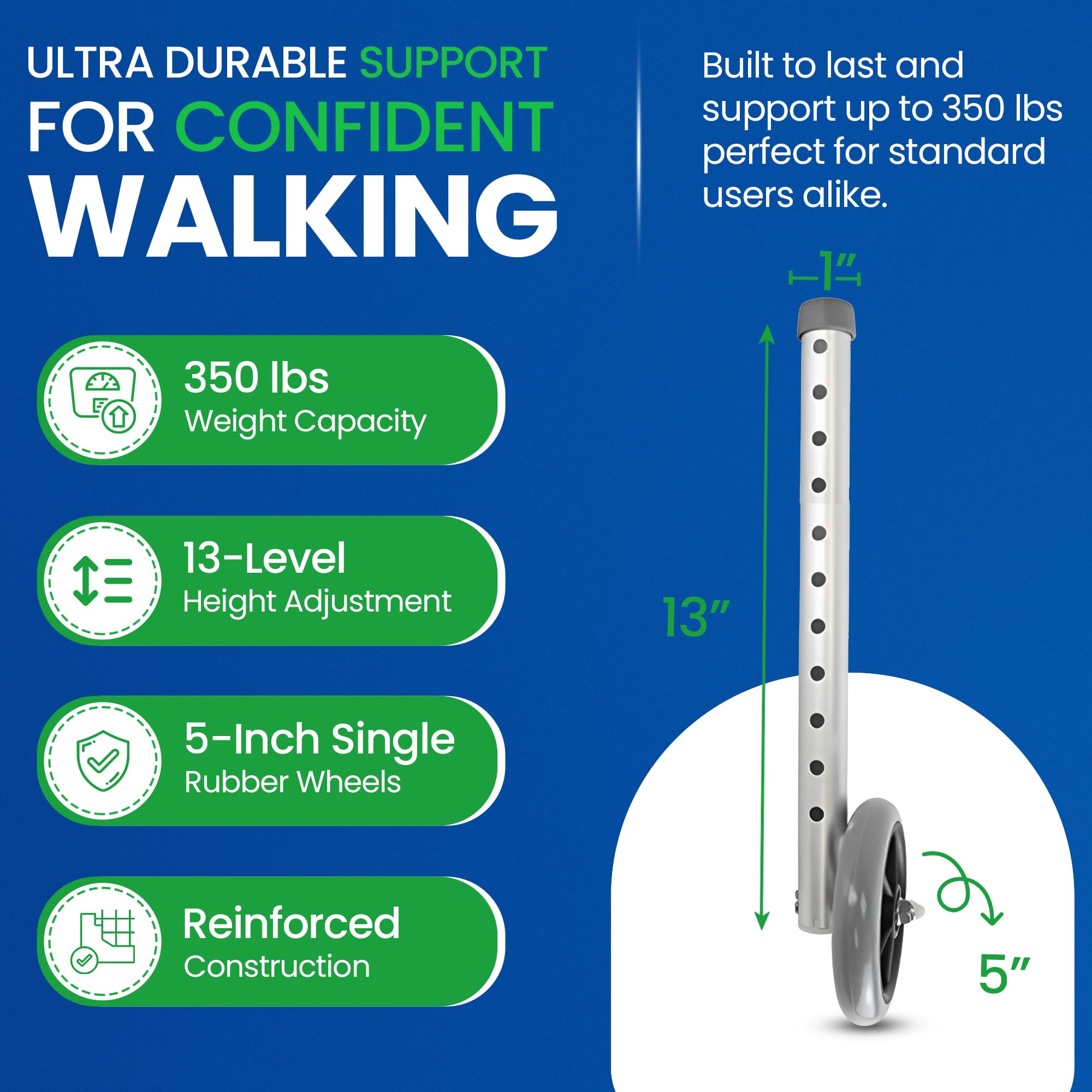 Healthline Walker 5” Wheels with Rear Glides – Universal Replacement Kit for Standard 1” Walkers – Includes 2 Fixed Front Wheels + 2 Ski-Style Glides – Smooth Indoor/Outdoor Rolling, Adjustable Height - Image 6