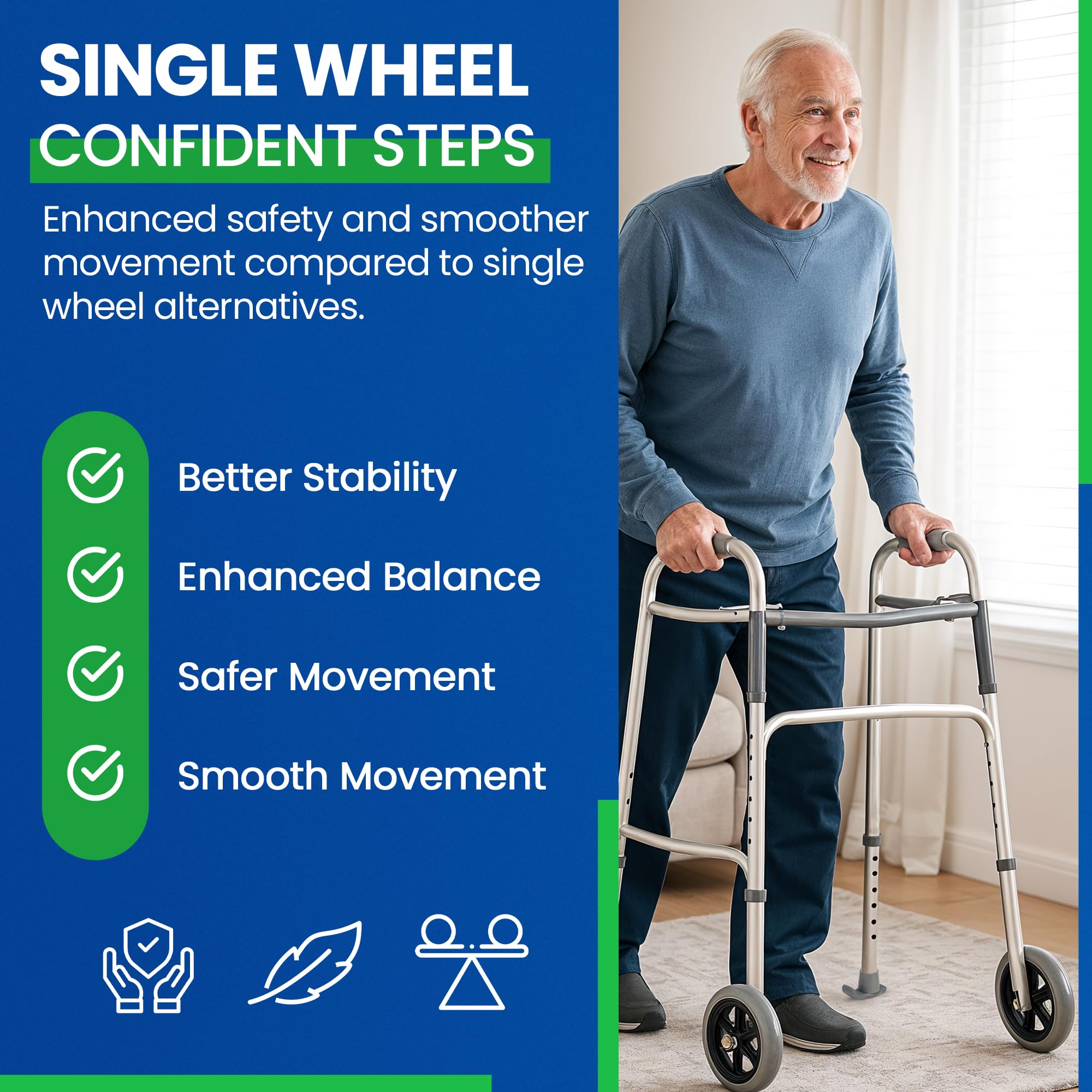 Healthline Walker 5” Wheels with Rear Glides – Universal Replacement Kit for Standard 1” Walkers – Includes 2 Fixed Front Wheels + 2 Ski-Style Glides – Smooth Indoor/Outdoor Rolling, Adjustable Height - Image 7