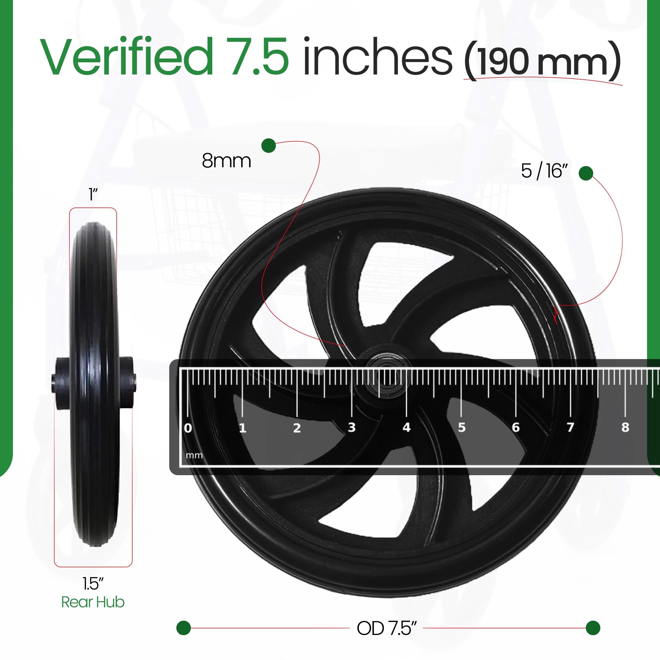 Healthline Walker Rollator Replacement Wheel – 7.5" Rear Wheel for Rollators – Choose Single Wheel or 2-Pack (Includes Bearings, Check Contents Before Purchase) - Image 3
