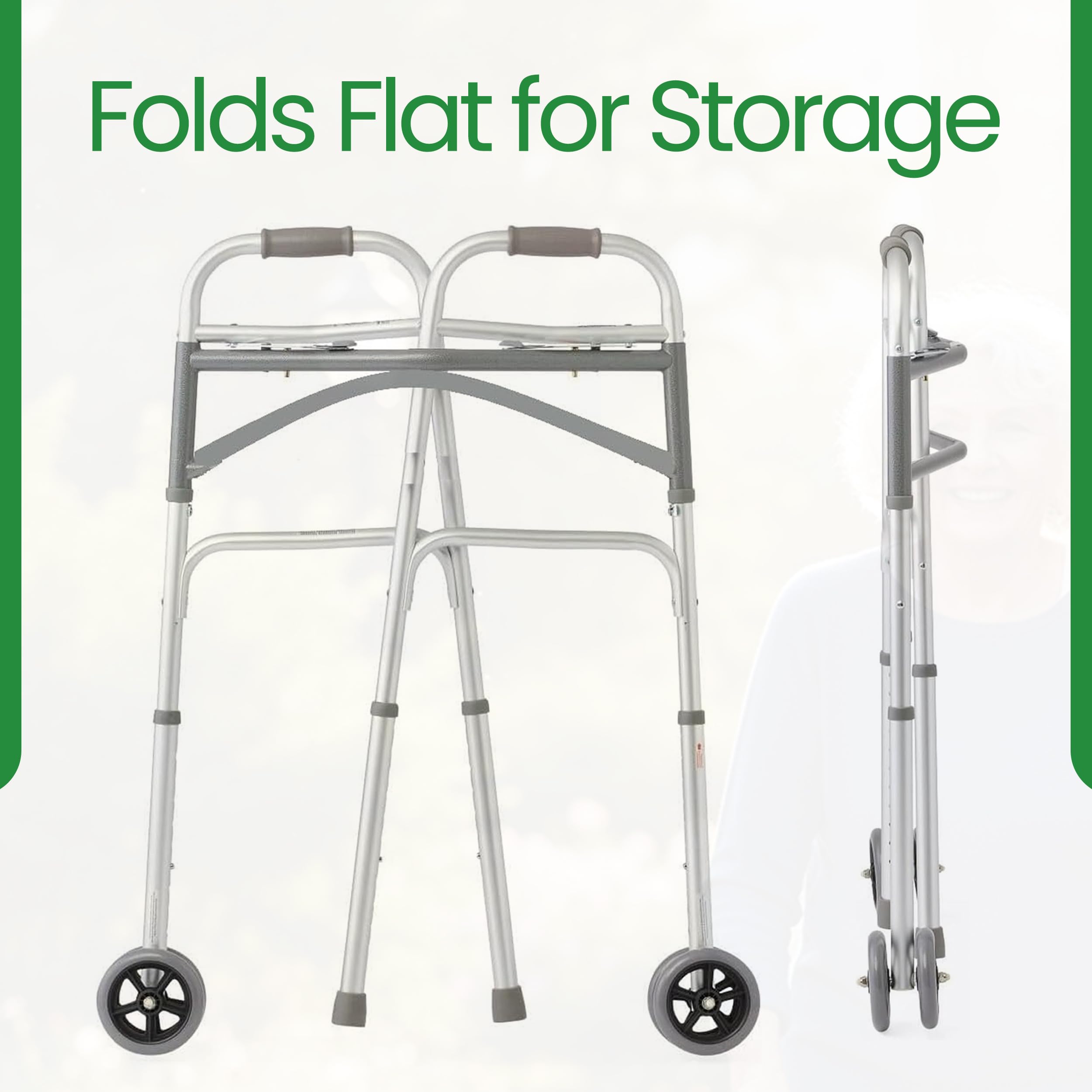Wide Folding Walker with Wheels for Adults – Adjustable Height Support, 5" Wheels, Fits Users up to 500 lbs – Check Dimensions and Folding Profile Before Purchase – Includes 2 Pairs of Rear Glides - Image 3
