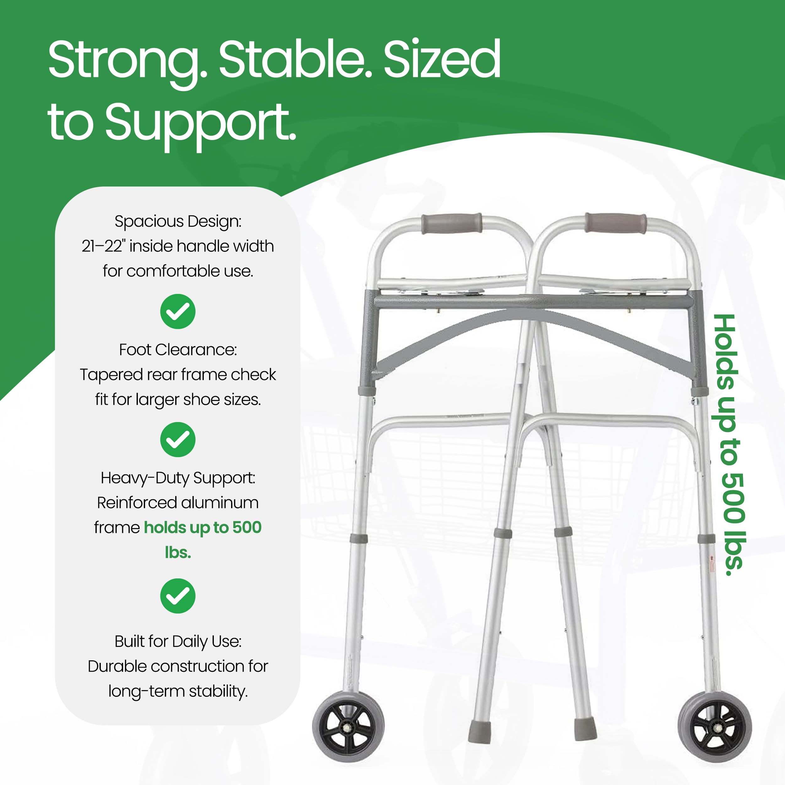 Wide Folding Walker with Wheels for Adults – Adjustable Height Support, 5" Wheels, Fits Users up to 500 lbs – Check Dimensions and Folding Profile Before Purchase – Includes 2 Pairs of Rear Glides - Image 4