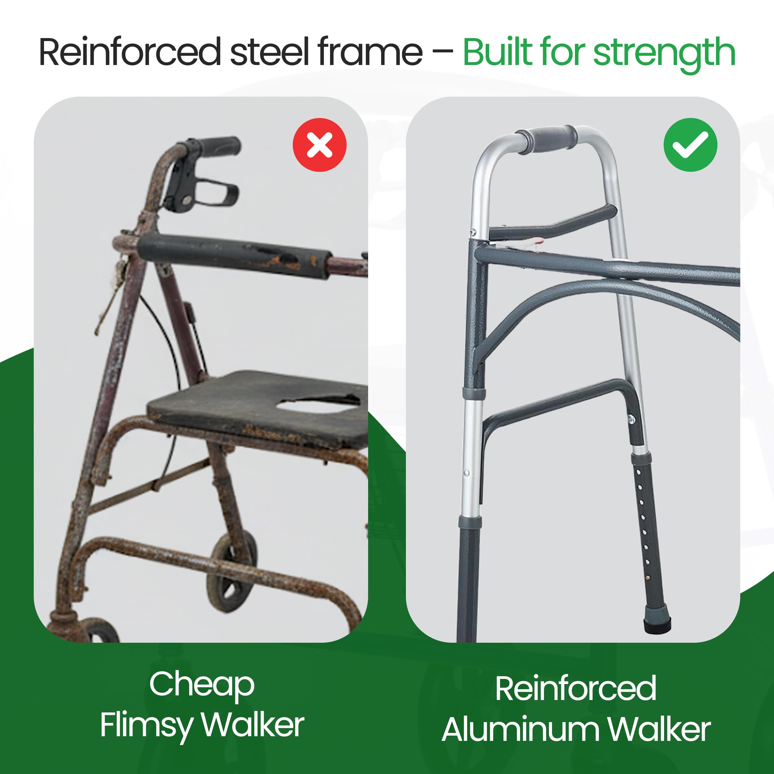 Wide Folding Walker with Wheels for Adults – Adjustable Height Support, 5" Wheels, Fits Users up to 500 lbs – Check Dimensions and Folding Profile Before Purchase – Includes 2 Pairs of Rear Glides - Image 5
