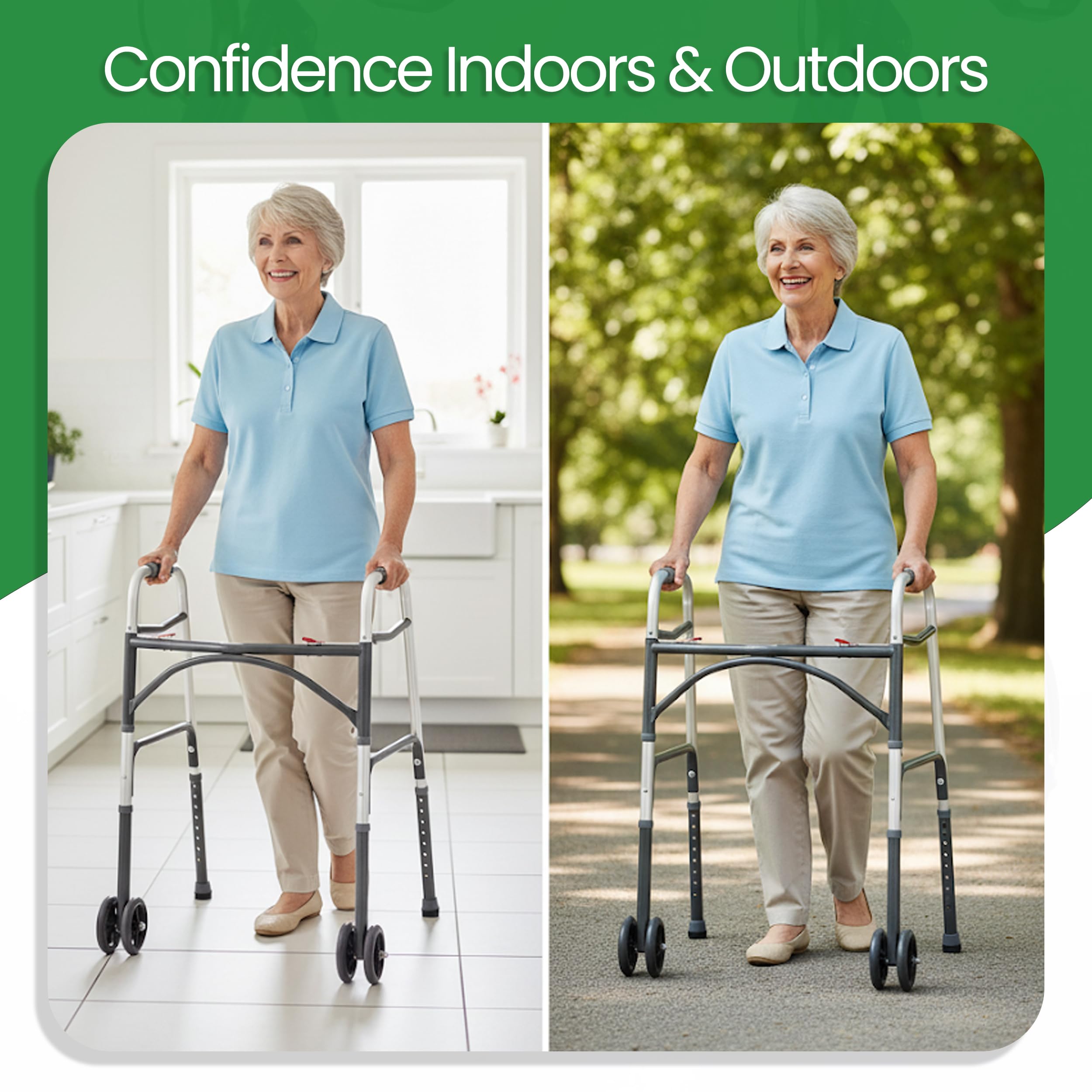 Wide Folding Walker with Wheels for Adults – Adjustable Height Support, 5" Wheels, Fits Users up to 500 lbs – Check Dimensions and Folding Profile Before Purchase – Includes 2 Pairs of Rear Glides - Image 6